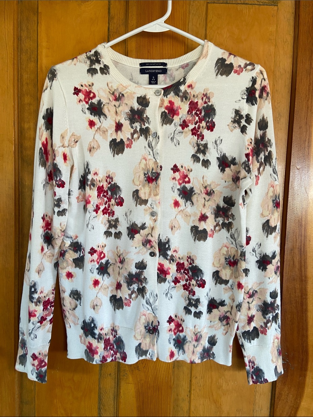 Lands' End Cream Floral Button-Front Cardigan with Red and Grey Accents